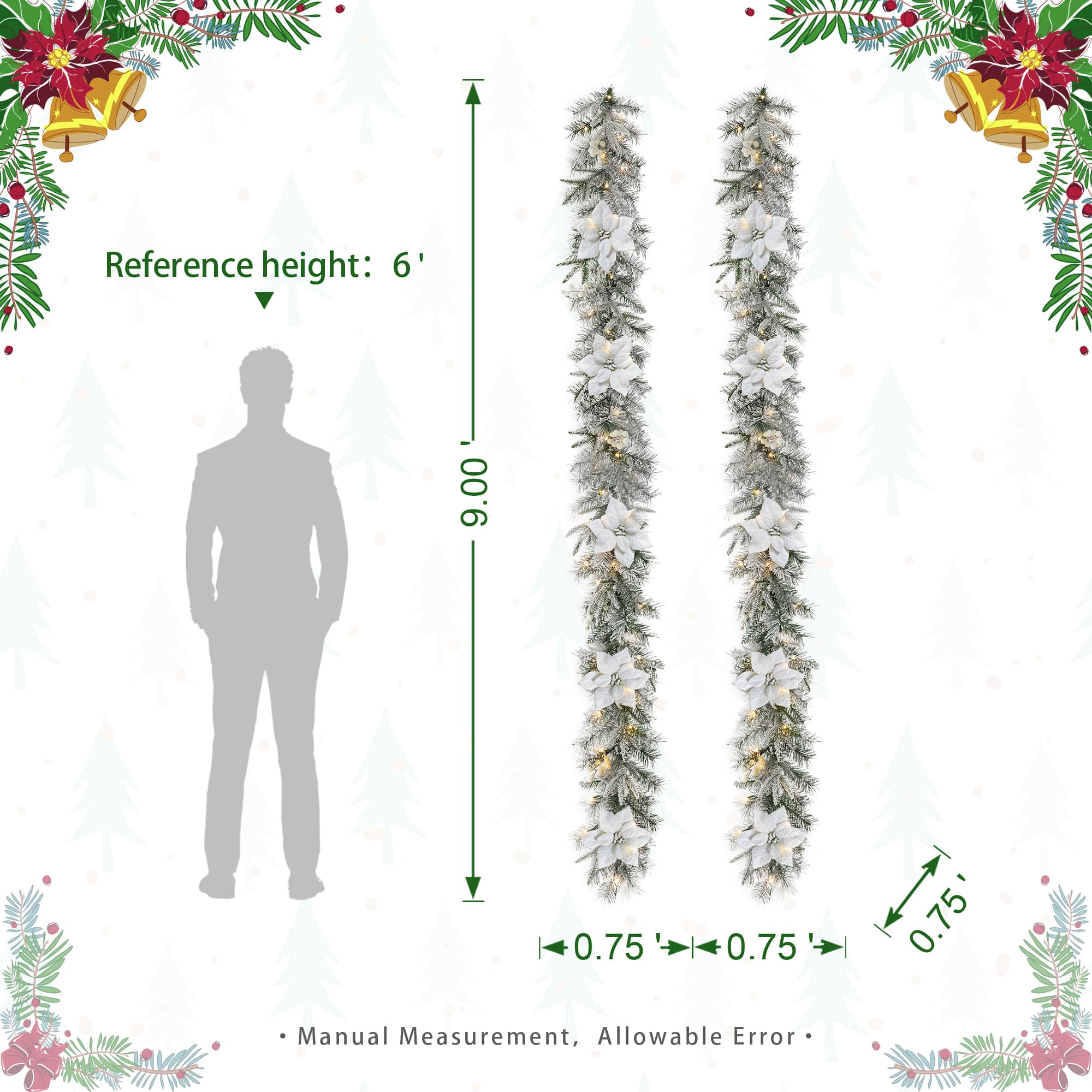 Glitzhome® 9ft. Pre-Lit Snow-Flocked Greenery Pine & Poinsettia Christmas Garlands, 2ct.